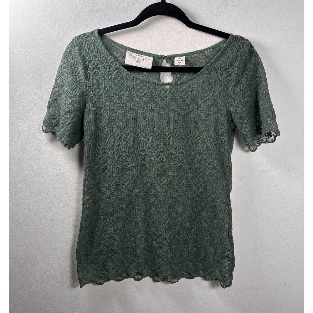 H&M L.O.G.G. Size 4 Sage Green Floral Lace Top Cottagecore Boho Romantic Y2K
